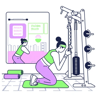 A fitness enthusiast is performing cable crunches at a gym designed with a retro aesthetic. The gym features a variety of exercise equipment, including a cable machine with pulleys and weights. The person, wearing bright workout attire typical of the 1980s, has sweatbands on their forehead and wrists. They are kneeling on a mat, gripping the cable handles and engaging their core. In the background, there are colorful exercise mats rolled up against the wall and a large mirror reflecting the workout area. The walls are adorned with motivational posters and the flooring is made of patterned tiles.