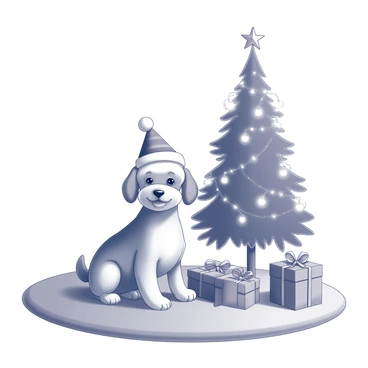 A small dog sitting on a soft carpet. The dog is wearing a "small Santa hat" that fits snugly on its head. Next to the dog, there is a "Christmas tree" adorned with decorative ornaments and twinkling lights. Presents wrapped in colorful paper are scattered around the base of the tree. The scene creates a festive atmosphere, emphasizing the holiday spirit.