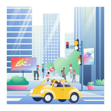 A bright yellow VW Beetle is driving along a bustling street in a modern cityscape. The car is positioned in the foreground, with its rounded shape and curved lines clearly visible. Tall skyscrapers made of glass and steel tower over the Beetle, reflecting sunlight in various angles. The buildings have large windows and sleek designs, creating a contrast with the classic shape of the car. In the background, there are traffic lights and pedestrians crossing at a crosswalk, adding to the lively urban atmosphere. Potted plants line the sidewalks, and billboards with colorful advertisements are mounted on the sides of buildings.