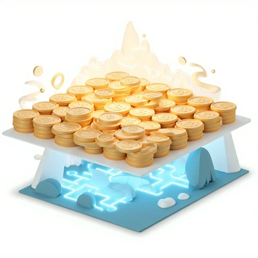 A futuristic 3D platform constructed entirely from shimmering bitcoins, creating a striking visual of golden coins intricately interlocked. The platform is hovering above the ground, with a glowing blue light casting reflections on the coins. Below, a digital landscape is visible, featuring abstract geometric shapes and illuminated pathways. The atmosphere is filled with a soft, ambient glow that enhances the high-tech environment, while the platform's surface reflects light in various directions, adding to the overall futuristic aesthetic.