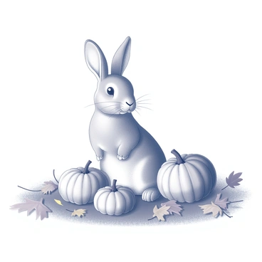 A rabbit sitting on a patch of grass. The rabbit has soft fur and prominent ears. Around the rabbit, there are several pumpkins of different sizes and shapes scattered across the ground. The pumpkins have detailed textures and round forms, creating a sense of depth. Among the pumpkins, various shapes of autumn leaves are spread out, some curled and others flat, depicting the natural changes of the season. The overall composition centers on the rabbit, highlighting its presence in a bountiful autumn setting.