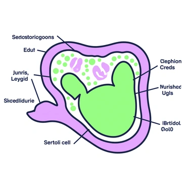 An anatomical illustration of the testis is displayed with a clear focus on the "seminiferous tubules." The testis is shown in a cross-section view, revealing the intricate structure within. The "seminiferous tubules" are prominently highlighted, demonstrating their elongated and coiled shape. Surrounding the tubules, there are interstitial cells positioned between them. Labels are placed strategically to indicate the various components, including "Leydig cells" and "Sertoli cells." The overall layout allows for a detailed understanding of "spermatogenesis" occurring within the seminiferous tubules.