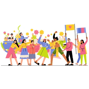 A vibrant multicultural parade featuring participants in traditional attire from various cultures around the world. There are individuals dressed in colorful saris, kimonos, and kilts, each representing their unique heritage. Floats adorned with flowers and cultural symbols follow the dancers, adding to the festive atmosphere. The parade is filled with joyful expressions, and flags from different nations are waved high by enthusiastic spectators lining the streets. Bright banners display messages of unity and celebration.