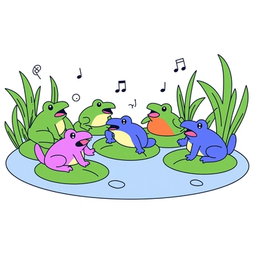 A group of frogs in various bright colors, including green, blue, and orange, is gathered on large green lily pads floating on a tranquil pond. Each frog has its mouth open, as if singing, with musical notes illustrated above them. Surrounding the pond are lush green leaves and tall grass, creating a vibrant rainforest atmosphere. A few delicate water droplets glisten on the leaves and lily pads. The scene conveys a lively and cheerful atmosphere with the frogs harmonizing together.