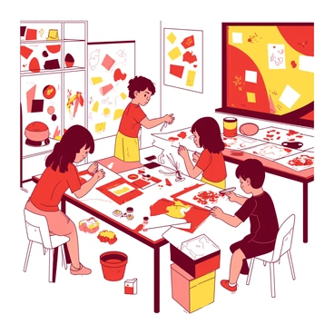 A group of children are engaged in creating art and crafts in a classroom setting. Each child is surrounded by materials in vibrant colors. One child is painting on a large piece of white paper with strokes of red and yellow, while another is cutting shapes from colored paper that includes red and yellow elements. A third child is assembling a craft project with beads and strings, showcasing red and yellow patterns. The classroom walls are decorated with various completed artworks, prominently displaying red and yellow themes. There are tables covered with supplies, scissors, glue, and brushes, creating a lively atmosphere of creativity.