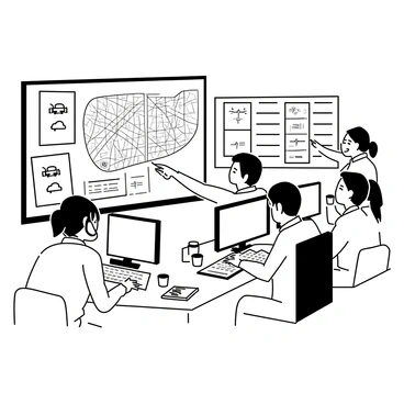 A busy dispatch center filled with several large screens displaying intricate maps with truck routes and current locations marked. Multiple dispatchers are seated at desks, each focused on their work. One dispatcher is using a headset while typing on a keyboard, another is pointing at a screen, and a third is making notes on a notepad. Cluttered desks feature coffee cups, pens, and papers, creating an atmosphere of concentration and coordination. Walls are adorned with charts and schedules, indicating ongoing operations.