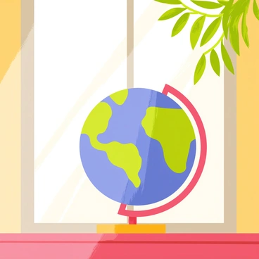 A globus positioned on a wooden windowsill. The globus is brightly colored, featuring detailed maps of continents and oceans. The late afternoon sunlight casts a warm, golden hue over the globus, creating soft shadows on the windowsill. Outside the window, green leaves of a tree can be seen gently swaying in the breeze. The light reflects off the surface of the globus, highlighting its vibrant colors.