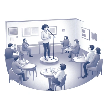 An open mic night at a cafe with a singer performing on a small stage