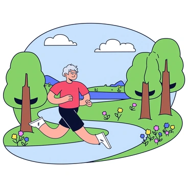 An elderly man with gray hair is jogging along a winding path in a nature reserve. He is wearing a bright red t-shirt and black shorts, with a pair of white running shoes. Surrounding him are tall trees with green leaves, and patches of colorful wildflowers are blooming along the path. The sky above is clear with a few fluffy clouds scattered. In the distance, a small lake reflects the sunlight, adding to the tranquil atmosphere of the scene.
