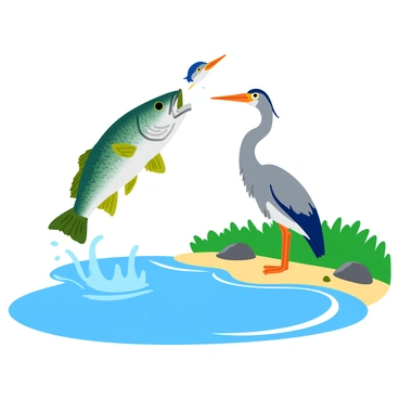 A smallmouth bass is leaping out of the clear blue water, its shiny scales glistening in the sunlight. Water droplets are splashing around the fish as it arcs gracefully through the air. A great blue heron is standing on the sandy shore, its long neck stretched upward, eyes focused intently on the jumping fish. The heron's feathers are a mix of gray and blue, and its sharp beak is poised, ready to strike. The surrounding scenery includes green vegetation and a few smooth rocks scattered along the shoreline.