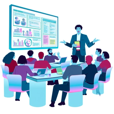 A confident entrepreneur with medium skin tone and short curly hair stands at the front of a modern conference room. They are wearing a tailored navy blue suit and holding a digital tablet, gesturing enthusiastically as they explain business concepts. The room is filled with a diverse audience of men and women sitting at sleek, round tables, each with laptops and notebooks open. Some audience members are taking notes while others are raising their hands to ask questions. A large screen behind the entrepreneur displays a colorful infographic on business skills, and bright overhead lights illuminate the scene.