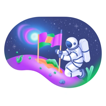 An astronaut in a sleek space suit is kneeling on the surface of a newly explored planet. The astronaut is carefully planting a vibrant flag with bold colors into the alien soil. Surrounding the flag, there are scattered rocks and unusual vegetation that hints at the planet's unique environment. Above, a starry sky is filled with countless twinkling stars and a visible galaxy swirling in shades of blue and purple, creating a captivating backdrop for this momentous event. The scene conveys a sense of exploration and discovery.