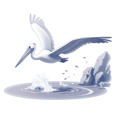 A pelican is captured mid-dive, fully extending its wings downward as it plunges into the sea. The water below is rippling, creating splashes around the bird. Small fish can be seen darting just beneath the surface, and the coastal reef is visible in the background, showcasing various rock formations and marine life. The scene conveys a sense of dynamic movement and interaction between the pelican and its environment.