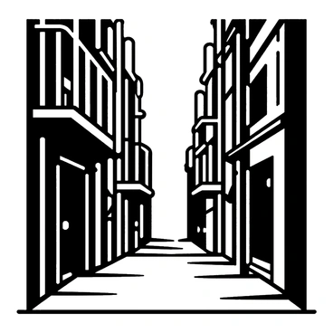 A narrow urban alleyway filled with fire escapes, featuring walls covered in various graffiti designs and textures, with detailed ink lines emphasizing the structure and surroundings.