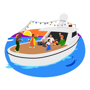 A motor yacht is anchored on calm waters, displaying a sleek white hull and a spacious deck. Colorful string lights hang overhead, casting a warm glow over the scene. Guests are dancing joyfully on the deck, some holding colorful cocktails with vibrant garnishes. A group of friends is gathered around a table, laughing and toasting with their drinks. In the background, the sun is setting, creating a beautiful gradient in the sky from orange to purple. A small radio speaker is placed on the edge of the deck, adding to the lively atmosphere.