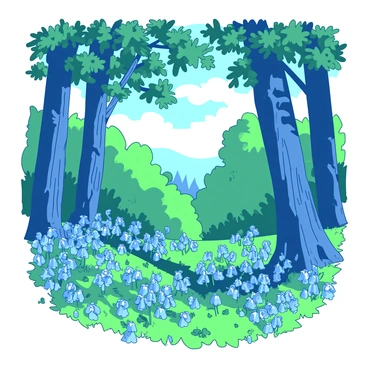 A duotone illustration features a Victorian woodland scene with towering trees reaching towards the sky. The ground is carpeted with blooming "bluebells" that create a vibrant contrast with the surrounding greenery. Sunlight filters through the leaves, casting gentle shadows on the forest floor. A few scattered "bluebells" are swaying slightly in a light breeze, adding a sense of movement to the tranquil environment.