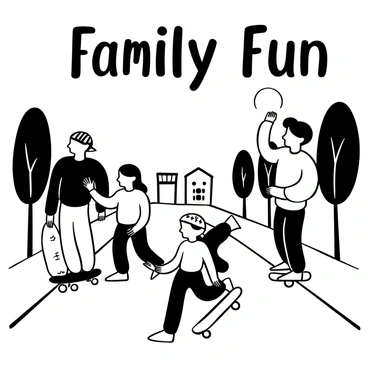 A family of four longboarding together on a smooth suburban street. The father is wearing a helmet and holding a skateboard with one hand, while the mother is balancing on her board beside him. Two children are riding ahead, one child in a bright t-shirt, and the other child wearing a helmet with colorful designs. Trees line the sides of the street, and a neat row of houses can be seen in the background. The words "Family Fun" are written in bold letters above them.