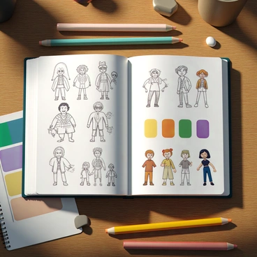 A sketchbook open on a desk showing detailed character designs and color swatches