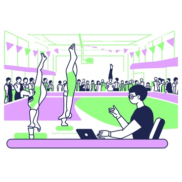 A gymnastics judge is seated at a desk, closely observing athletes as they perform their routines on a mat. The judge is wearing glasses and a black shirt, with a clipboard in front of them. To the left, an athlete is executing a flawless handstand, while another athlete on the right is completing a graceful flip. The competition area is filled with spectators, some clapping and others focused on the performances. Colorful banners hang from the ceiling, and there are bright lights illuminating the gymnasium. 