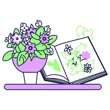 An open illustration book is resting on a wooden surface, displaying detailed drawings of various flowers on its pages. Beside the book, there is a real bouquet of flowers, comprised of different types and sizes. The bouquet includes vibrant blooms with distinct shapes and textures. The background features a soft focus, drawing attention to the book and the bouquet, while the sunlight casts gentle shadows on the table.