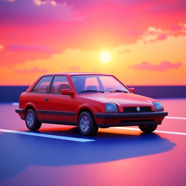 A car parked in a lot with the sunset casting vibrant colors through the windows