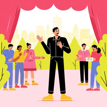 A theater trainer stands at the center of a vibrant stage, wearing a black shirt and gesturing enthusiastically. Surrounding the trainer are passionate actors in various colorful costumes, each displaying intense expressions as they practice their lines. The stage is decorated with bright scenery elements, such as lush green trees and a painted backdrop of a lively cityscape. The lighting is warm and inviting, casting soft shadows on the floor. In the background, a large red curtain partially drapes, adding depth to the scene.