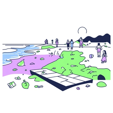 A beach scene is depicted where erosion is visibly impacting the shoreline. The sand is uneven, with large sections washed away, exposing rocky areas beneath. In the foreground, there are remnants of a wooden boardwalk, partially submerged in the sand. Scattered around are discarded items such as plastic bottles and wrappings, indicative of tourist activities. In the background, a group of people can be seen, some walking along the remaining beach while others are taking photos. The sky is clear, and the waves are gently lapping at the shore, but the overall scene reveals the negative effects of human presence on this coastal area.