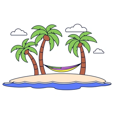 A tropical island setting featuring several tall palm trees with lush green fronds. The sand on the beach is soft and light-colored, stretching along the shoreline. A brightly colored hammock is suspended between two palm trees, gently swaying in the breeze. The clear blue water gently laps at the shore, and the sky is bright with a few fluffy white clouds.