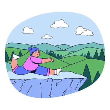 A person is positioned on a rocky cliff, performing the cat-cow stretch. The individual is wearing comfortable athletic clothing. The valley below is expansive, showcasing layers of green trees and rolling hills. The sky above is clear with a few fluffy white clouds scattered throughout. The rocky surface of the cliff has various textures, and the sunlight casts soft shadows. The scene conveys a sense of peace and focus as the person engages in their practice.