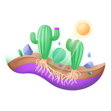 A detailed illustration of a cluster of "cacti" with "visible root systems" extending into "arid soil." The roots are depicted as intertwining and reaching down into the dry ground, demonstrating the process of "osmosis." Surrounding the cacti are small rocks and patches of dry earth. Above the cacti, a bright sun shines down, casting light on the scene, emphasizing the contrast between the green cacti and the brown, parched soil. Water droplets can be seen near the roots, illustrating the water being drawn into the cacti.