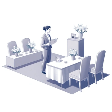 An event planner stands at the front of a gathering space, surrounded by an arrangement of elegant flowers. There are various flower bouquets displayed, including white lilies and roses, placed on a large table covered with a clean white cloth. The setup features neatly arranged chairs for attendees, all facing a simple podium where a few framed photographs are displayed. The atmosphere is one of quiet dignity, with soft lighting casting gentle shadows. The planner, dressed in formal attire, is holding a clipboard, making notes while maintaining a composed expression.