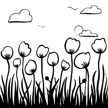 A field filled with poppy flowers swaying gently in the wind, each flower distinctly visible. The sun rises in the background, casting long shadows and creating a sense of depth in the scene. Wispy clouds are scattered across the sky, framing the horizon. In the foreground, the details of the poppy petals and green stems create a vivid contrast with the soft, light hues of the background.