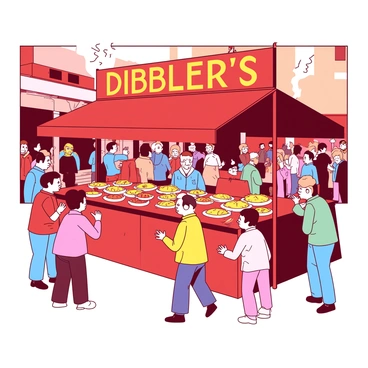 Dibbler's pie stall surrounded by curious, wary customers in a busy square