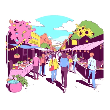 A vibrant street festival is taking place, filled with people enjoying the lively atmosphere. On one side, there are stalls decorated with bright flowers and greenery, showcasing spring-themed items such as colorful crafts and fresh produce. On the other side, stalls are adorned with autumn leaves and pumpkins, offering seasonal treats and handmade goods. The street is lined with cheerful banners fluttering in the breeze, and visitors are interacting happily, sampling foods and admiring the various displays. The sun is shining down on this lively scene, creating a warm and inviting environment.