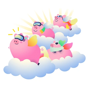 A group of cartoon pigs with colorful wings is flying above fluffy white clouds. The pigs have cheerful expressions, with their bodies in varying shades of pink. Each pig is wearing a different accessory, such as a small aviator helmet and goggles, a scarf fluttering in the wind, and a pair of sunglasses. The clouds beneath them are billowy and bright, creating a soft and uplifting atmosphere. Rays of sunshine are breaking through the clouds, illuminating the pigs as they soar through the sky.