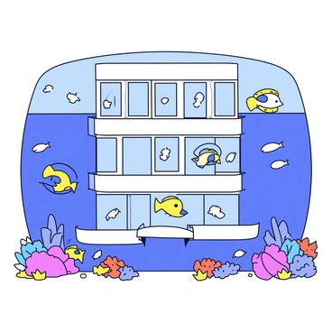 A unique underwater hotel with a sleek, modern design featuring large, transparent windows. The hotel is surrounded by vibrant coral reefs and various types of fish swimming around. Several fish are shown entering and exiting through the windows of the hotel, while others are seen swimming close to the surface. The water is a clear blue, allowing light to filter in, illuminating the interior of the hotel. The building has multiple levels, each with its own set of windows.