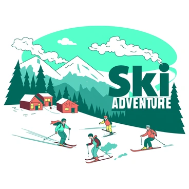 A teal retro ski resort scene featuring a snowy mountain landscape in the background. In the foreground, there are colorful ski chalets with smoke rising from their chimneys. Various skiers in bright outfits are skiing down the slopes, showcasing dynamic poses. The sky is clear, with a few fluffy white clouds. Prominently displayed is bold text saying "Ski Adventure" in an eye-catching font. The overall composition is lively and filled with energy, capturing the essence of a fun winter getaway.