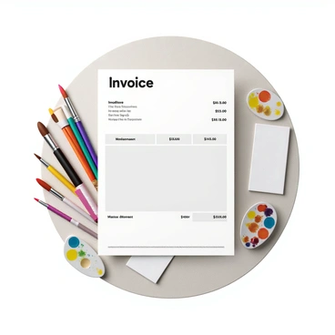 An invoice featuring a neatly arranged layout with clear headers and itemized details. Surrounding the invoice are hand-drawn art supplies, including a set of colorful paint brushes with varying bristle sizes, a stack of blank canvases leaning against each other, and an artist's palette splattered with vibrant colors of paint. The background is a subtle texture that complements the artistic theme, enhancing the overall visual presentation of the invoice.