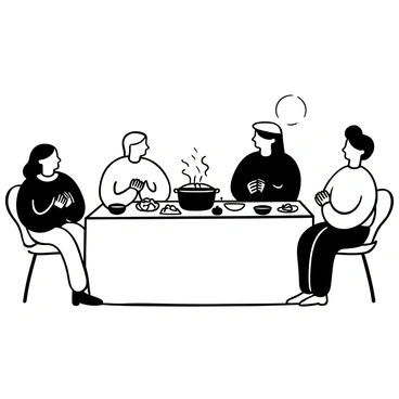 A family gathered around a rectangular table set for a meal, with plates, silverware, and a centerpiece of flowers. Each family member has their hands clasped together in front of them. A steaming pot of food sits in the middle of the table, surrounded by various side dishes. A warm light illuminates the scene, highlighting the details of the table and the family members. The atmosphere reflects a moment of togetherness and gratitude.