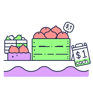 A wooden crate filled with fresh grapefruits is placed on a table at a farmer's market. The crate is overflowing with round, juicy grapefruits, some of which have droplets of water on their surface. Next to the crate, there is a price sign that reads "$1 each" in bold letters. The background features a simple tablecloth and other small crates with various fruits and vegetables, creating the ambiance of a bustling market scene.