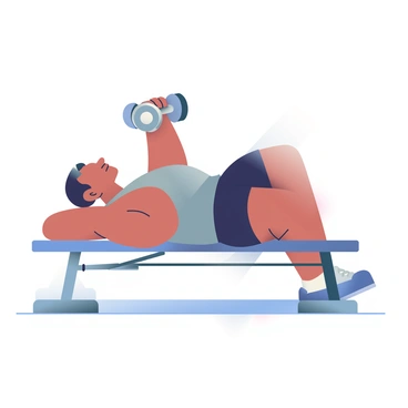 A person is lying on a workout bench, performing a dumbbell chest press. The individual has short black hair and is wearing a fitted gray tank top and black gym shorts. The dumbbells are silver with black grips, lifted above their chest. Abstract shadows of the person and the dumbbells stretch across the smooth wooden floor beneath them. The lighting creates dynamic shapes and forms, emphasizing the person's muscular build and focused expression as they push the weights upward. The background is softly blurred, highlighting the subject in action.