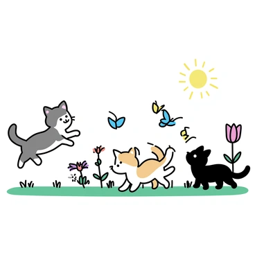 A group of four fluffy kittens, each with varying fur patterns of white, gray, orange, and black, are situated in a lush garden. The sun shines brightly, casting soft shadows on the vibrant green grass. The kittens are energetically chasing a cluster of delicate butterflies fluttering above them. One kitten leaps into the air, its paws outstretched towards a butterfly with blue wings. Another kitten crouches low, peering intently at a yellow butterfly resting nearby. The garden is dotted with colorful flowers, including red tulips and purple daisies, adding to the lively atmosphere of the scene.