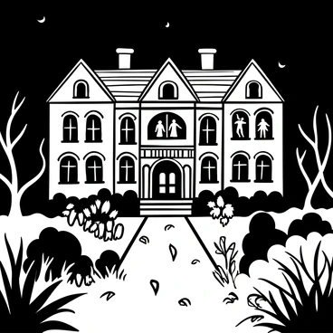 A large, imposing mansion with intricate architectural details stands against a dark sky. There are flickering lights visible through the windows, suggesting movement inside. Shadowy figures can be seen in various windows, creating an eerie atmosphere. The overgrown garden surrounding the mansion is filled with twisted branches and unkempt plants, adding to the haunting scene. The pathway leading up to the mansion is cracked and overgrown with weeds.