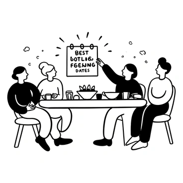A family gathered around a dining table is engaged in a discussion about holiday plans. Various dishes and drinks are placed on the table, indicating a festive meal. In the center, there is a glowing calendar displaying the text "Best Gut Feeling Dates," highlighted in an eye-catching manner. The family members are showing animated gestures as they converse, with one person pointing at the calendar while others listen attentively. A warm atmosphere surrounds the scene, enhancing the sense of togetherness and planning.