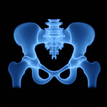 A detailed x-ray view of a human pelvis, showcasing the various bones and joints prominently. The bones are illuminated in shades of blue, creating a striking contrast against a dark background. The structure includes the hip bones, sacrum, and femoral heads clearly visible, with intricate details of the joint spaces. The overall composition emphasizes the anatomy, providing a clear and informative representation of the pelvis.