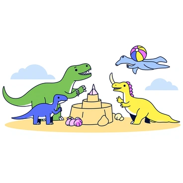 A group of dinosaurs at the beach are engaged in playful activities. A large green T-Rex with tiny arms is constructing a sandcastle using its claws, while a small blue Triceratops holds a colorful beach ball in its horns. Nearby, a yellow Stegosaurus is adding decorative seashells to the sandcastle. In the background, a pterodactyl is flying overhead, casting a shadow on the sandy beach. The sky is bright and clear with a few fluffy clouds.