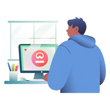 A person with medium skin is standing in front of a computer screen, preparing to log into a remote work computer using facial recognition. The individual has short black hair and is wearing a blue hoodie. The computer screen displays a login interface with a dynamic facial recognition symbol. Surrounding the computer are office supplies such as a notepad, a pen, and a mug filled with pens. Natural light is coming through a nearby window, illuminating the workspace. The person's facial expression shows focus and determination as they align their face with the camera.