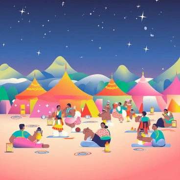 A vibrant night-time festival is taking place in the desert under a sky filled with stars. There are several large colorful tents, each adorned with intricate patterns and glowing lanterns. In the foreground, a group of dancers in traditional attire is performing, their movements dynamic and graceful, illuminated by the soft light of nearby campfires. Musical instruments, like drums and flutes, are scattered around, with musicians energetically playing to create a lively atmosphere. The sandy ground is dotted with small rugs and cushions where festival-goers relax and enjoy the festivities. The distant silhouettes of sand dunes rise against the night sky, adding depth to the scene.