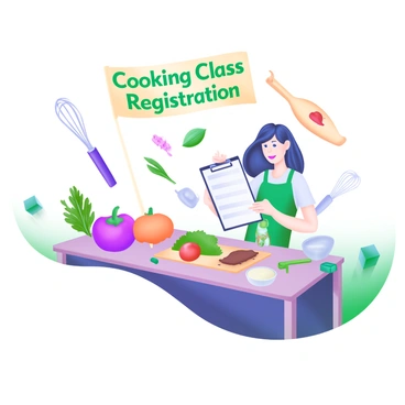 A modern pastel illustration depicting a person standing at a registration desk for a cooking class. The person is smiling and holding a clipboard with a registration form. Surrounding them are various ingredients such as colorful vegetables, herbs, and spices displayed on a wooden table. Various cooking utensils are scattered around, including a whisk, a cutting board, and bowls. A banner above the registration desk reads "Cooking Class Registration" in friendly, inviting letters.