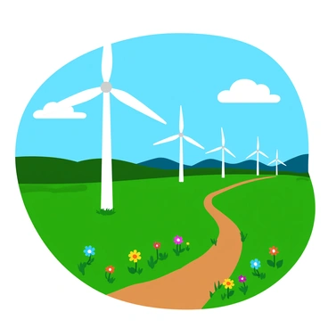 A scenic landscape featuring a line of tall wind turbines turning in the breeze. The sky is bright blue with fluffy white clouds. The turbines are white with long, slender blades that catch the sunlight. Below, lush green fields stretch out, dotted with colorful wildflowers swaying gently in the wind. A dirt path winds through the foreground, leading towards the horizon where the turbines stand against a backdrop of rolling hills.